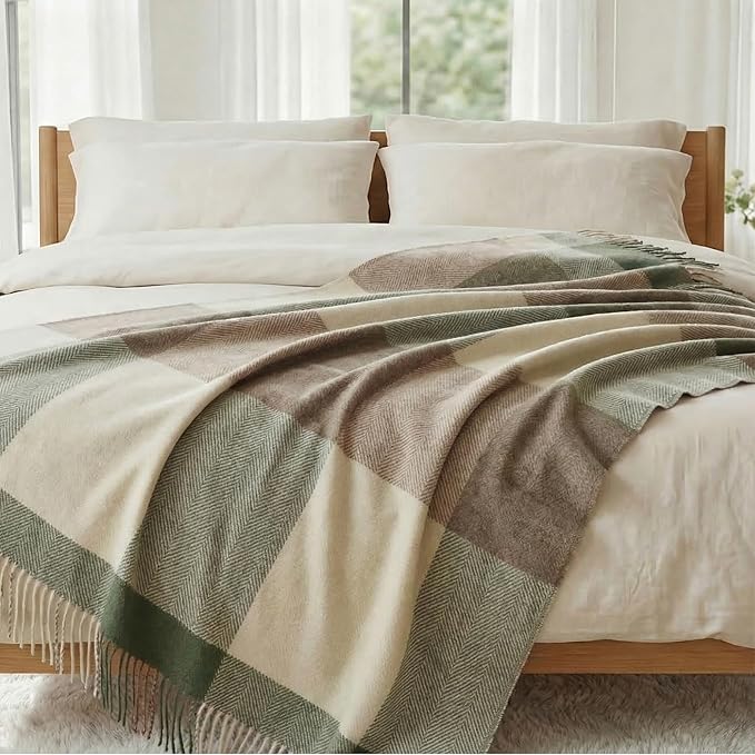 Soft Pure Wool Throw Blanket, Lightweight Warmth, 55"x83" with Fringe, Compact with Bag, Useful Gift for Women Men, All Season Decorative Cozy Travel Blanket for Couch Bed, Outdoors