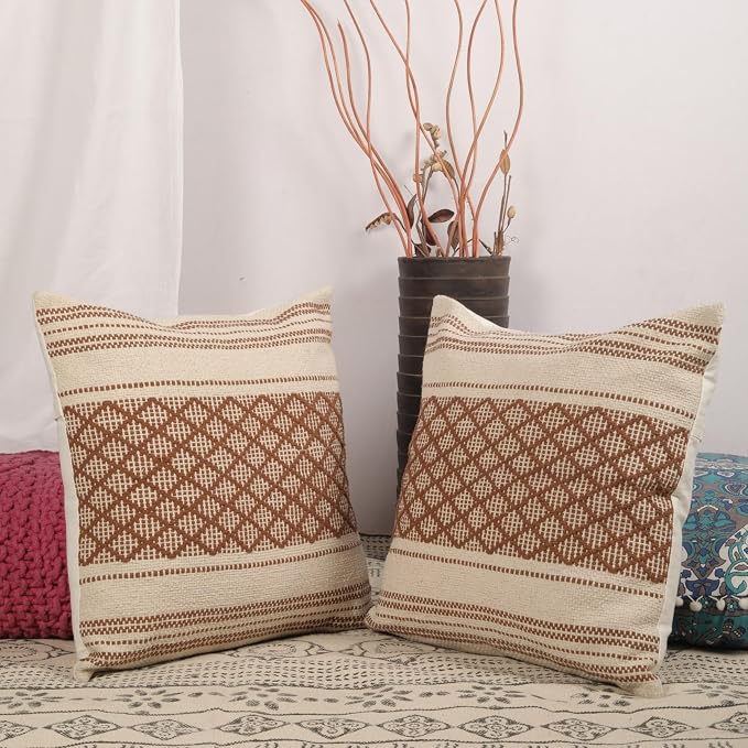 Trade Star Set of 2 Handloomed 100% Cotton Pillow Covers – 20x20 Rustic Boho Cushion Cases for Farmhouse, Fall & Christmas Decor – Indoor/Outdoor Use