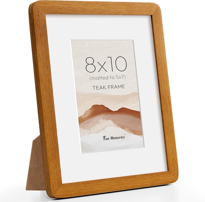 Fun Memories 8x10 Picture Frame - Solid Teak Wood Frame with Real Glass, 8x10 Photo Frame Matted to 5x7 for Wall & Tabletop Display, Natural Teak