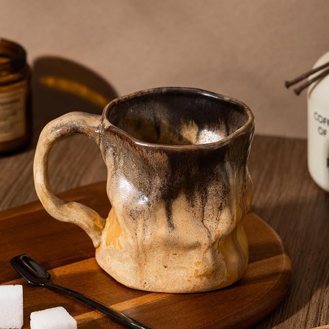Handmade Ceramic Coffee Mugs, Mugs with Spoon, 11oz, Handmade Pottery Mug with Handle, Hand-painting, Unique Uneven Surface Tea cups, Dishwasher and Microwave Safe (Yellow)