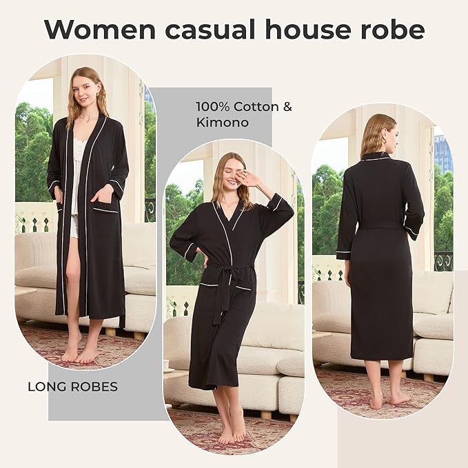 HEARTNICE Womens 100% Cotton Robe, Soft Kimono Spa Long Bathrobe Lightweight Loungewear
