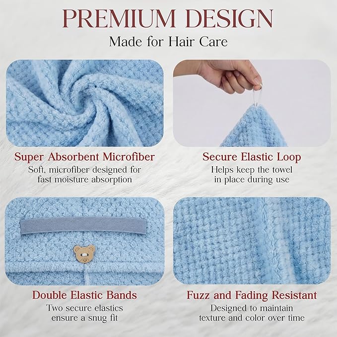 2 Pack Microfiber Hair Towel Wrap for Women 26 x 10 in | Hair Drying Towel with Button and Band | Hair Turban Towel Quick Dry Waffle Coral Fleece Head Towels (Pink + Blue)