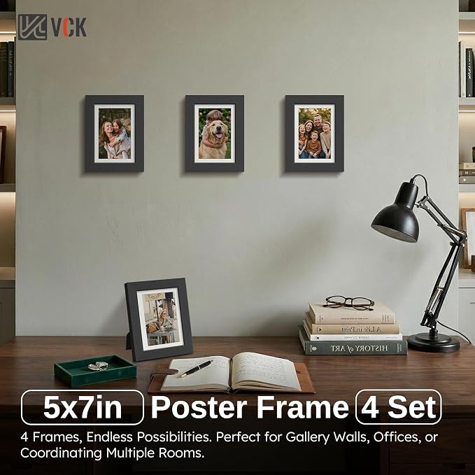 VCK 5x7 Picture Frame Black - 4 Pack, Gallery-Quality Wood Poster Frames, 1.1-Inch Wide Border, Polished Plexiglass, Vertical or Horizontal Wall & Tabletop