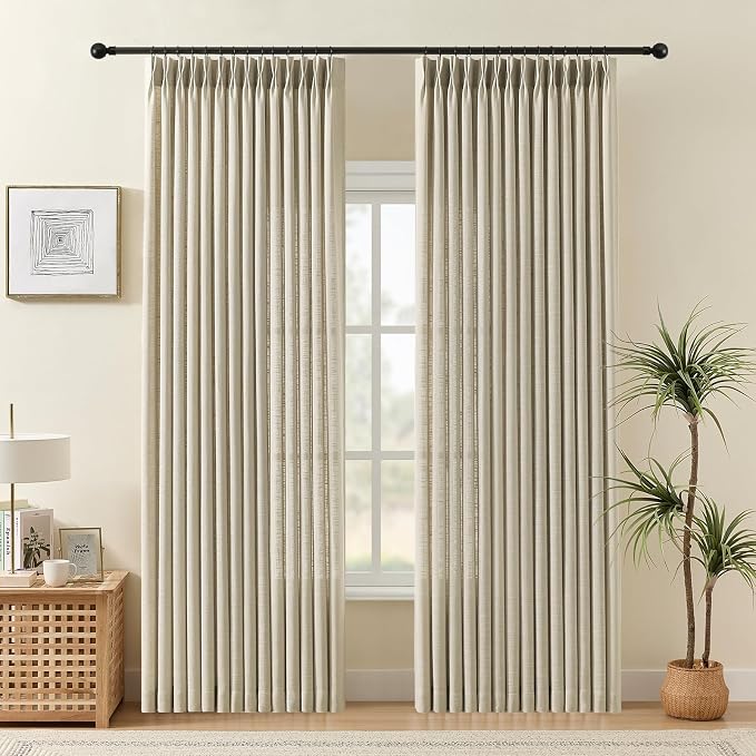 Pinch Pleated Linen Curtains 84 Inch Length 2 Panels Set, Light Filtering Linen Blend Sheer Drapes Memory Trained Pleated Curtain with Hooks Rings Back Tab for Bedroomm Farmhouse, Burlywood Birch