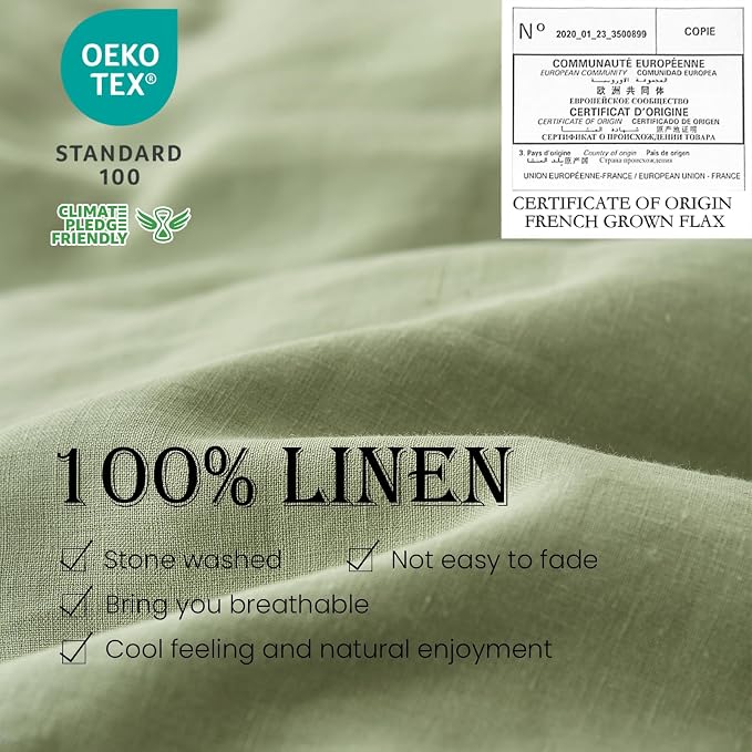 Simple&Opulence 100% Linen Duvet Cover Set 3pcs Basic Style Natural French Washed Flax Solid Color Soft Breathable Farmhouse Bedding with Button Closure - Sage Green, Queen