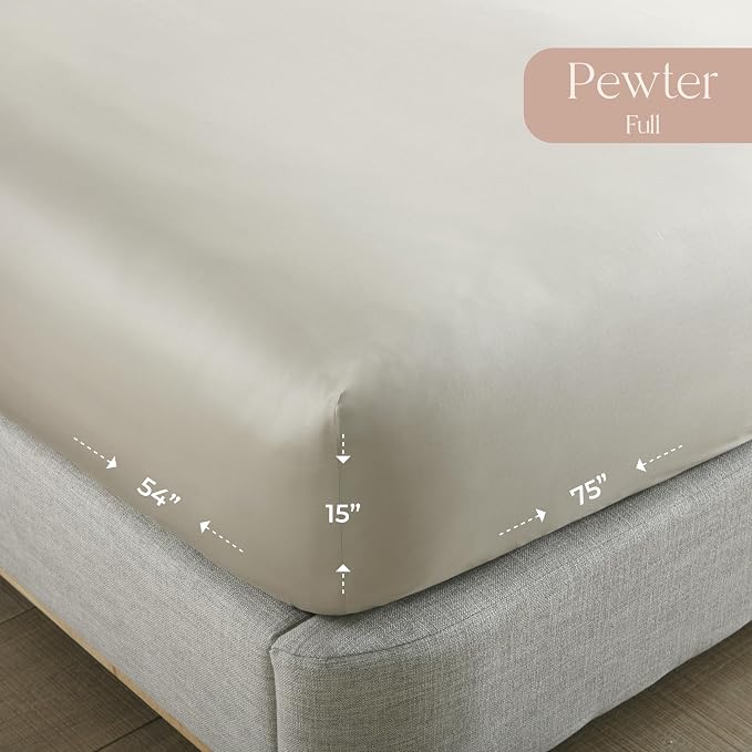 Organic Full Fitted Sheet Only Deep Pocket - 100% Organic Cotton Sheets with Breathable 300 Thread Count Sateen Weave GOTS & Fairtrade Certified - Soft Fitted Bed Sheets Only (Pewter, Full)
