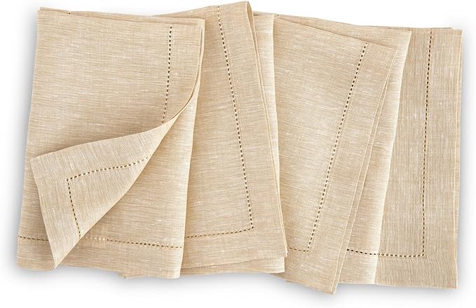 Solino Home Linen Napkins Set of 4 - Hemstitch 100% Pure Linen Champagne Beige Dinner Napkins Cloth 20 x 20 Inch for Summer - Milan, Handcrafted and Machine Washable