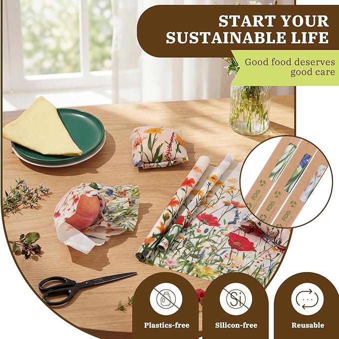 3 Rolls Reusable Beeswax Wraps for Food 13 x 40 Inches Bees Wax Wraps Reusable Food Storage Wrap Beeswax Paper Roll for Bread Sandwich Cheese Fruit Snacks(Spring)