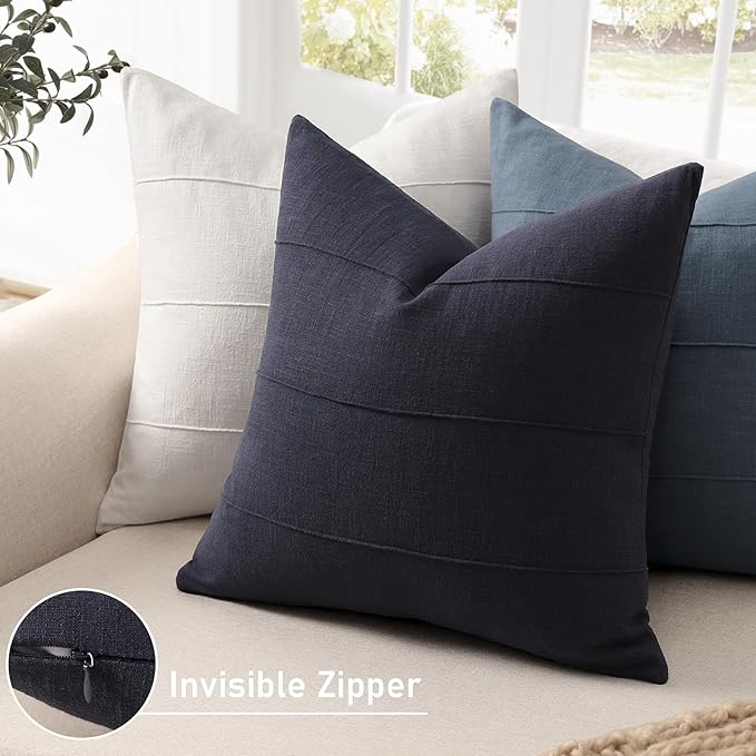ZWJD Decorative Linen Throw Pillow Covers 20x20 Set of 2 Solid Handcrafted Striped Cushion Covers for Bed Soft Modern Farmhouse Neutral Pillowcase for Couch Bedroom Living Room Home Decor(Dark Navy)