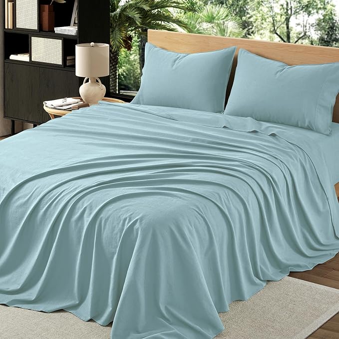 4Pcs Organic Linen Sheets King Size, 100% French Linen from Normandy, Durable Sky Blue Bed Sheets King Sheet Set with 16 Inch Deep Pocket, 1 Flat Sheet, 1 Fitted Sheet, 2 Pillowcases