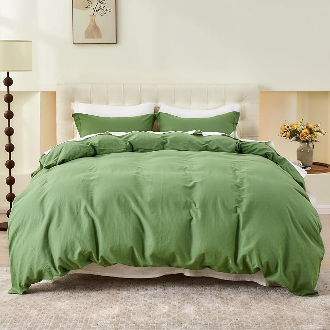 Simple&Opulence French Linen Duvet Cover Set- 104"x 92" - 3 Pieces (1 Comforter Cover,2 Pillowcases)-Natural Flax Cotton Blend-Solid Color Breathable Farmhouse Bedding - Khaki Green, King