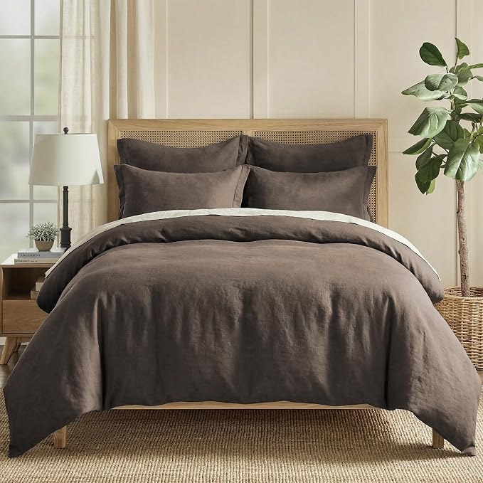 Levtex Home - 100% French Flax Linen - Full/Queen Duvet Cover - French Flax Washed Linen - Cocoa - Duvet Cover Size (90x94in.)