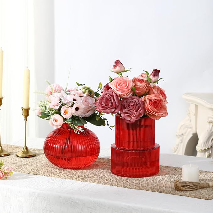 Ribbed Glass Vases, Set of 2 Fluted Vases for Flowers, Red Glass Vase for Tulips, Modern Vase for Living Room, Kitchen, Office, Entryway, Mantle, Bookshelf, Wedding Gifts, Birthday