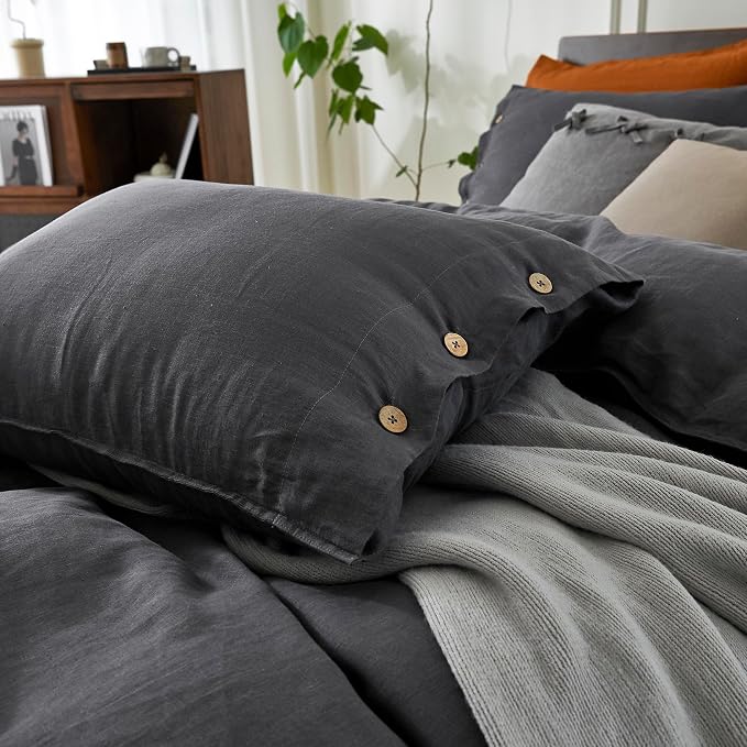 EVERLY 100% Pure Linen Duvet Cover Set Queen Size90X90Inch 3pcs (1 Duvet Cover,2 Pillowcases) Soft and Breathable for All Season with Coconut Button Closure, Suitable for Hot Sleepers-Dark Grey-Queen