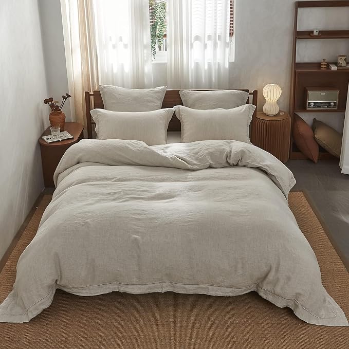 Simple&Opulence 100% Washed Linen Duvet Cover with Embroidered, 2 Pieces Soft Farmhouse Comforter Set with Button Closure,1 Duvet Cover and 1 Pillowsham(Twin,Natural Linen)
