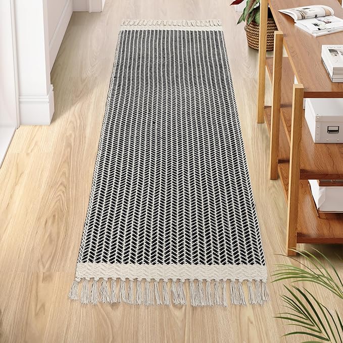 Lahome Belle Boho Hallway Runner Rug, 2x6 Laundry Room Lightweight Entry Woven Cotton Throw Mat with Tassels, Farmhouse Non Shedding Washable Black Low Pile Runner for Kitchen Bathroom