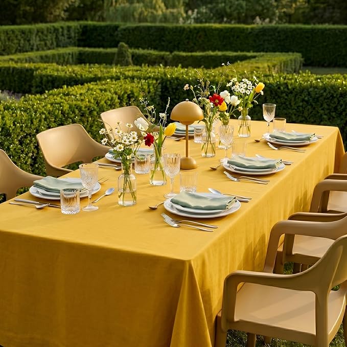 Solino Home Linen Tablecloth for Rectangle Tables 60 x 144 Inch - 100% Pure Linen Mustard Yellow Table Cloth - Fete, Machine Washable Cloth Tablecloth for Summer