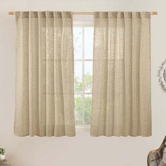 LAMIT Semi Sheer Linen Curtains 54 Inch Length 2 Panels, Brown Light Filtering Panels Back Tab and Rod Pocket Neutral Drapes for Kitchen/Window/Bedroom, 52 x 54 Inch