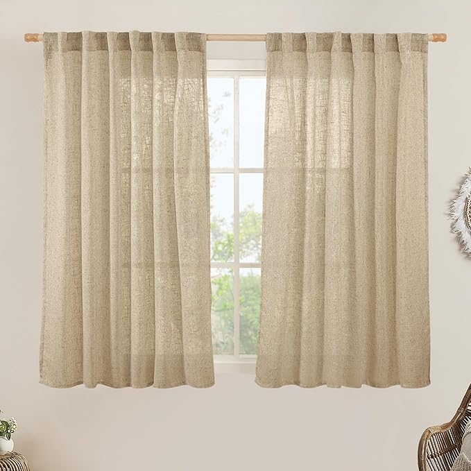 LAMIT Linen Semi Sheer Curtains 48 Inch for Bedroom, Light Filtering Neutral Window Curtains Farmhouse Boho Back Tab and Rod Pocket Panels, Brown, 2 Panels, 52 x 48 Inch