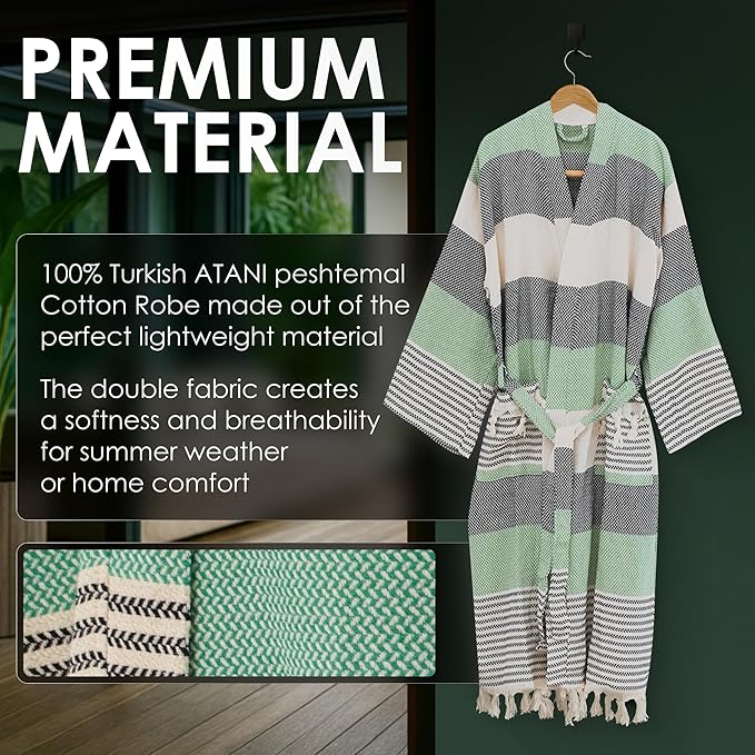 ATANI 100% Turkish Cotton Bathrobe S-XXL for Women & Men – Peshtemal Style Soft Cozy Lounge Robe, Absorbent & Lightweight