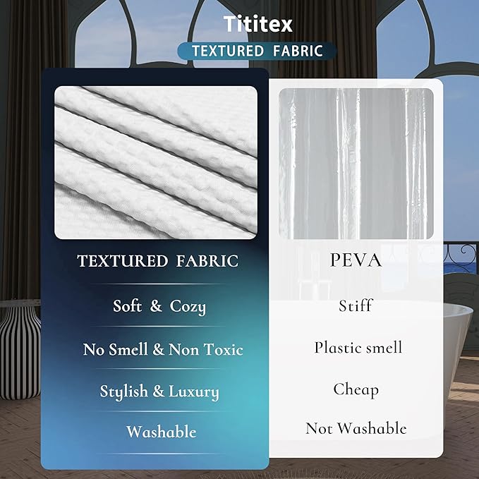 Tititex Solid White Cloth Fabric Shower Curtain Liner with 2 Magnets - Texture Pressure Bubble Soft Hotel Quality Waterproof Shower Liner, Light-Weight & Machine Washable 72x90 inch