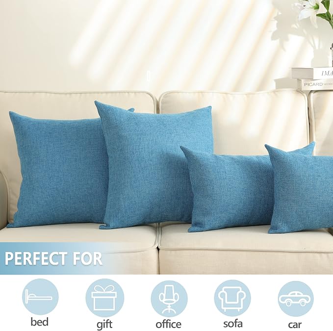 Stellhome Pack of 2 Linen Throw Pillow Covers Solid Fall Decorative Cushion Covers Pillowcase for Home Decoration, 16x16 Inch, Blue