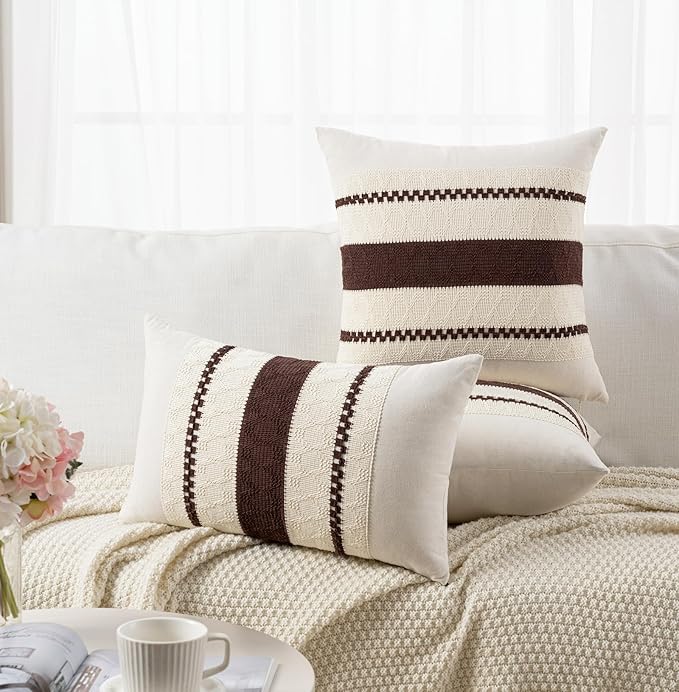 Fancy Homi Set of 2 Boho Brown Decorative Throw Pillow Cover 18x18 Inch for Couch Bed Sofa, Aesthetic Modern Organic Farmhouse Home Decor, Soft Cotton Cute Accent Macrame Woven Cushion Case