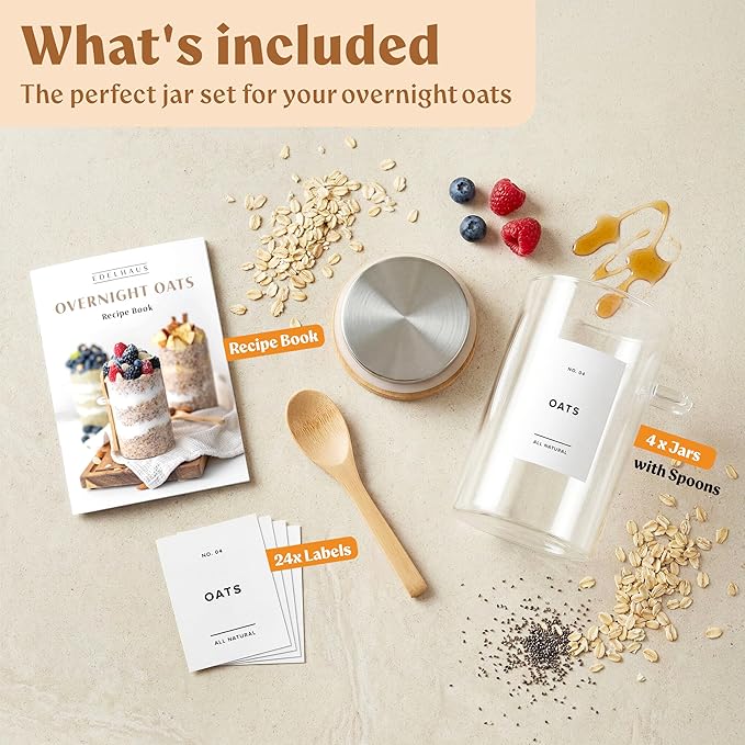 Overnight Oats Containers with Lids, Labels & Spoons (4 x 16oz) Glass Jars for Oatmeal, Meal Prep, Food Storage | Leak-Proof Mason Jars for Oats, Cereal, Yogurt, Chia Pudding [Thicker Glass 3mm]