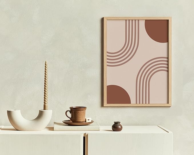 Zen Stacked Stones Wall Art Minimalist Organic Circles Earth Tones Terracotta Mid Century Modern 11x14 Inch Oak Wood Beige Framed Meditation Yoga Room Decor Print