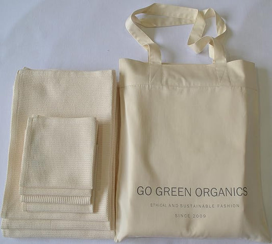Bath Towel Set Waffle, Organic Cotton, GOTS Certified (Ivory) Super ABSORBANT & Quick Dry, NO SOFTENERS, Environment Friendly, 1xBATH 58x30.5, 2xHAND 29x20, 4xFACE 12x12 INCH