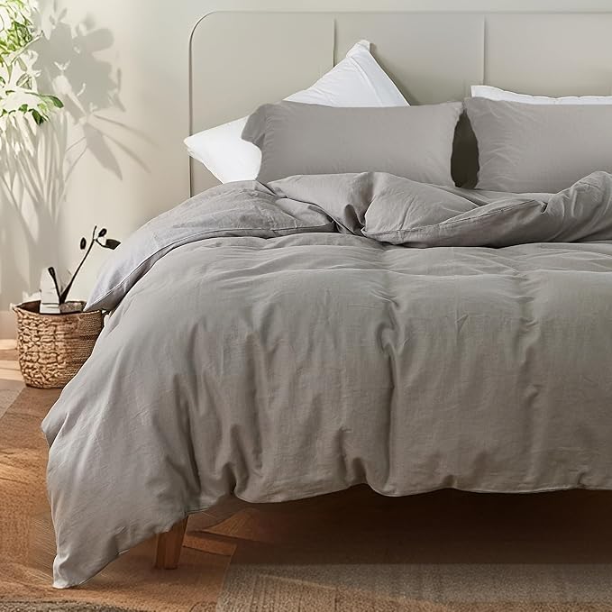 FALUCA French Linen Blend Duvet Cover Set 3Pcs King (104"x92") - Soft, Breathable, Cooling Farmhouse Bedding for Hot Sleeper (King, Light Grey)