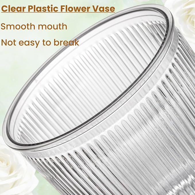 Tlence 12 Pack Clear Plastic Flower Vases, 6.3" Small Ribbed Fluted Glass-Like Vase, Decorative Modern Ripple Hydroponic Plant Vase with Base for Table Centerpieces Home Decor Wedding Decoration