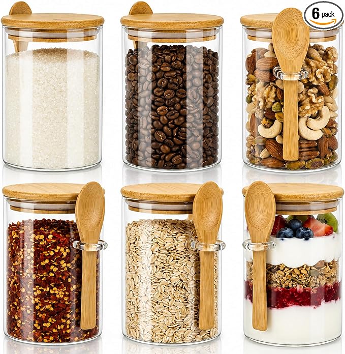 ZOOFOX 6 Pack Airtight Glass Jars with Bamboo Lids and Spoons, 17 oz Glass Sugar Container with Airtight Lid, Clear Storage Canister for Overnight Oats, Cookie, Coffee, Spice, Tea, Cereals, Condiment