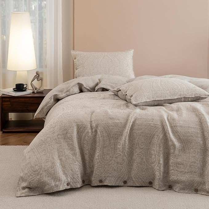 EVERLY 100% Pure Linen Duvet Cover Set King Size 104X90Inch 3pcs (1 Duvet Cover,2 Pillowcases) Soft and Breathable for All Season with Coconut Button Closure, Suitable for Hot Sleepers-Linen King