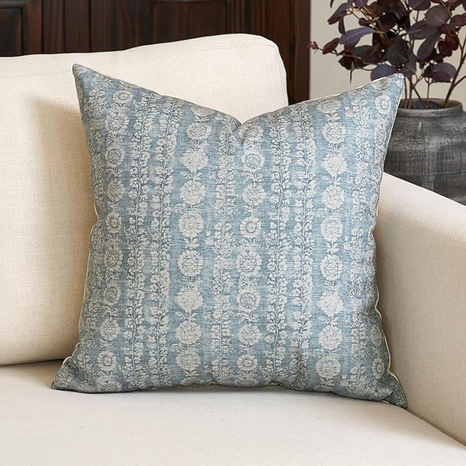 Amor Virisso Vintage Floral Throw Pillow Covers 20x20 Striped Farmhouse Block Print Pillow Cover Boho Neutral Decorative Pillows for Living Room Bed, Light Blue