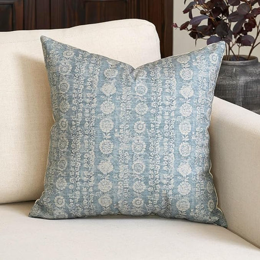 Amor Virisso Vintage Floral Throw Pillow Covers 20x20 Striped Farmhouse Block Print Pillow Cover Boho Neutral Decorative Pillows for Living Room Bed, Light Blue