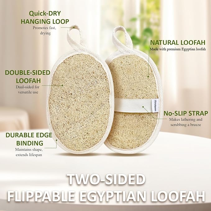 Premium Egyptian Natural Loofah Sponge 100% Plant-Based Exfoliating Body Scrubber Dye-Free Biodegradable Shower Pouf Deep Cleansing for Body Back and Face, Women & Men (2 Pack)