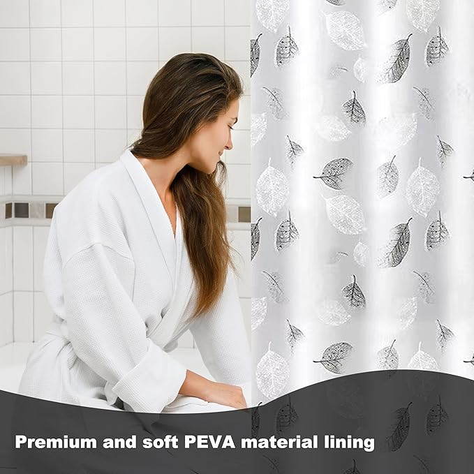 Plastic Shower Curtain Liner, Premium PEVA 6G Gray Leaf Shower Curtain, Shower Curtains for Bathroom with 3 Magnetic Weights and Rustproof Grommets (Gray Leaf, 72x72 in)