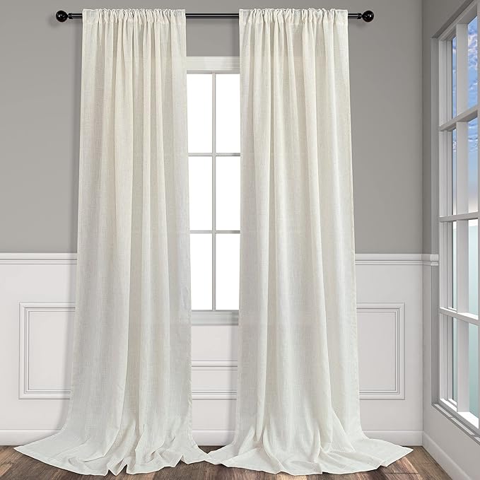 Pitalk Cream Sheer Curtains for Living Room 100 Inches Long 2 Panels Pocket Back Tab Semi Transparent Curtains Boho Farmhouse Mid Century Country Western Ivory Linen Drapes Ceiling to Floor 52 x 100