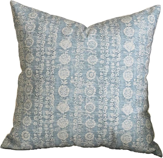 Amor Virisso Vintage Floral Throw Pillow Covers 20x20 Striped Farmhouse Block Print Pillow Cover Boho Neutral Decorative Pillows for Living Room Bed, Light Blue