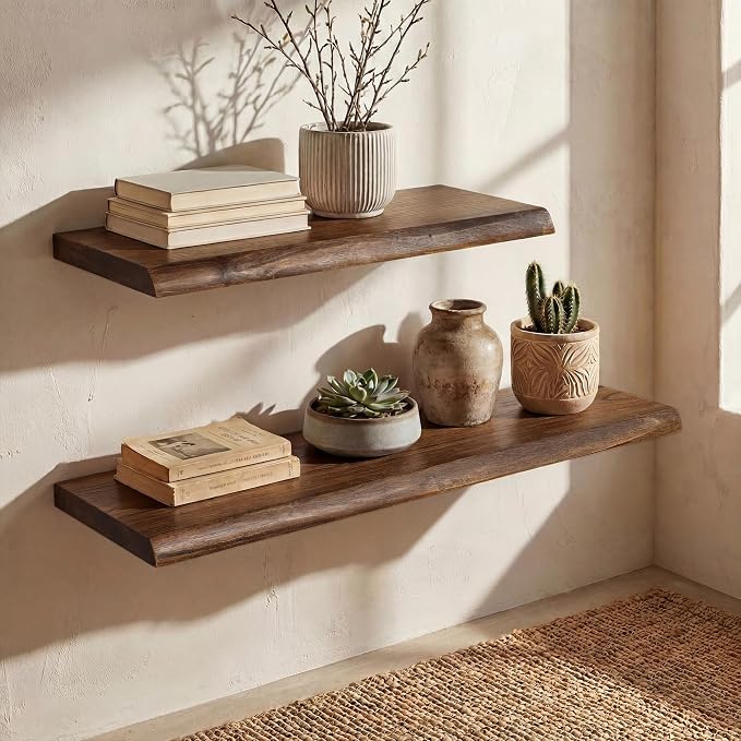 40" Live Edge Floating Shelf, Solid Elm Wood Wall Shelf | 1.4" Extra Thick, 9.3" Deep, FSC Certified Vintage Finish for Bedroom, Kitchen & Bathroom Storage Decor
