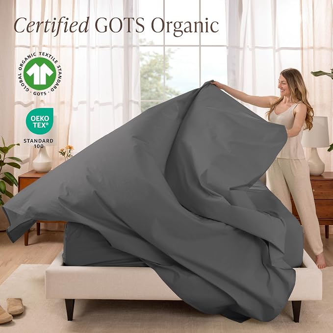 Bare Home 100% Organic Cotton Twin Sheet Set - Crisp Percale Weave - Lightweight & Breathable - Bedding Sheets & Pillowcases (Twin, Grey)