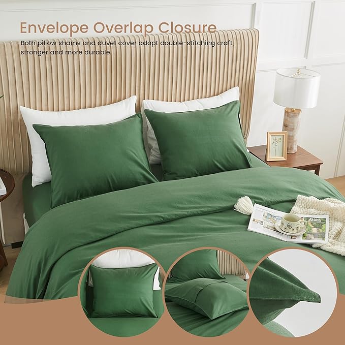 BISELINA French Linen Duvet Cover Set 3pcs with Hidden Zipper Closure Natural Flax Cotton Blend Solid Color Soft Breathable Luxury Farmhouse Bedding - King Size, Forest Green