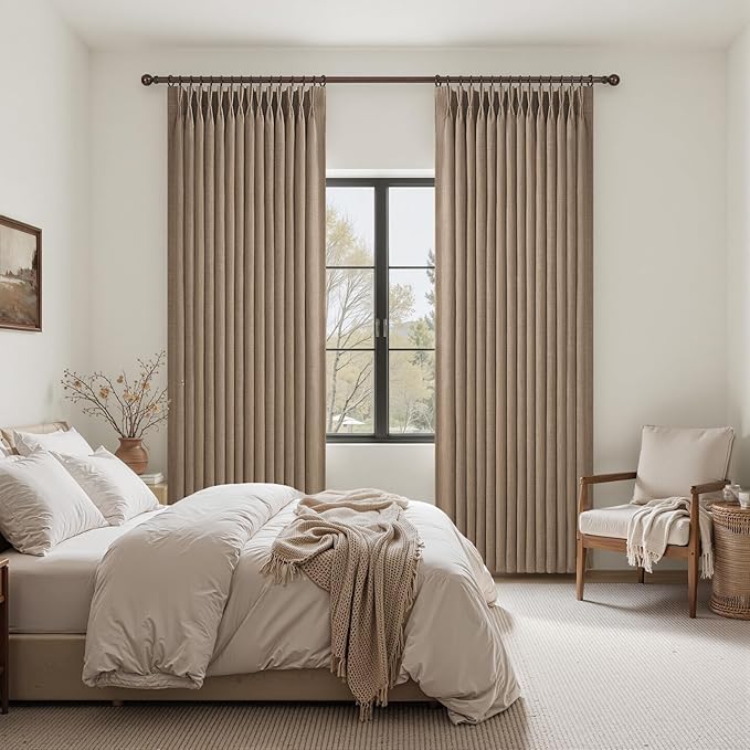 Blackout Double Layer Thick Linen Curtains 108 Inches Long for Sliding Glass Doors, Rust Brown Memory Trained Pinch Pleated Insulated Noise Reducing Elegant Window Curtain & Drapes 2 Panels 9FT Length