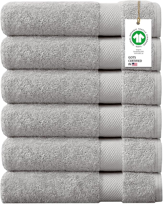 100% Organic Cotton Towels 650 GSM Plush Feather Touch Quick Dry Hand Towel, Pack of 6 GOTS Certified, Oeko-Tex Green Certified, Organic Cotton Hand Towel, 20"X30"