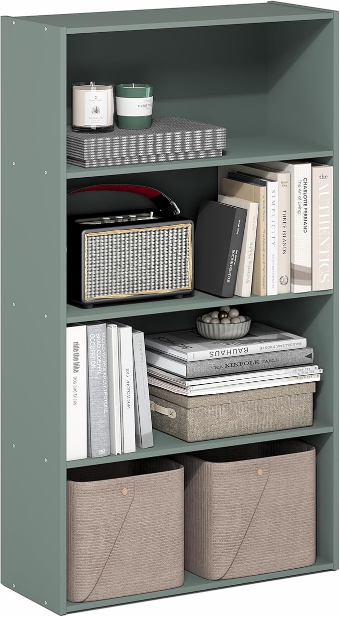 Furinno PASIR Book Shelf, 3-Tier Bookshelf, Storage Shelves Bookcase, 9.7 x 23.7 x 31.5, for Living Room, Bedroom, Home Office, Sage Green