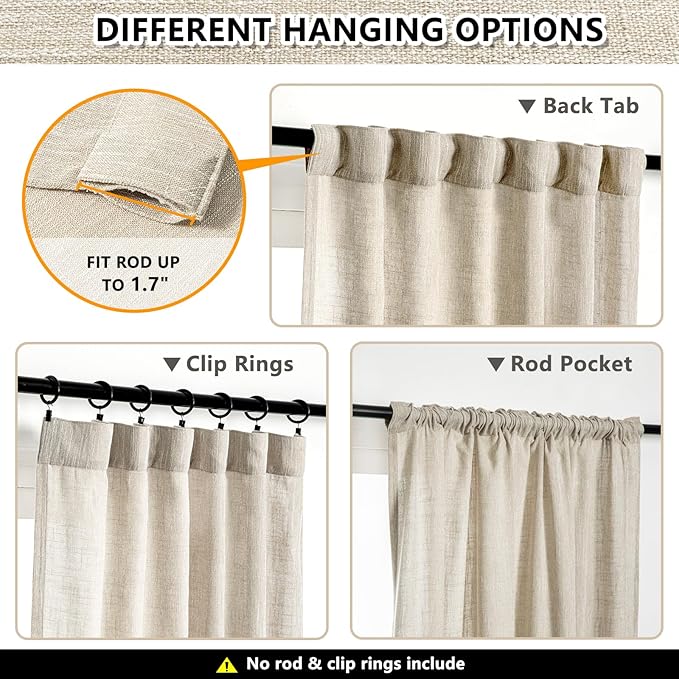 MYSKY HOME Living Room Curtains for Windows, Linen Look Texture Semi Sheers Boho Drapes Extra Long Floor Length Curtain Panels Soft Cotton Fabric, 50 x 108 Inch, Light Oatmeal, 2 PCs