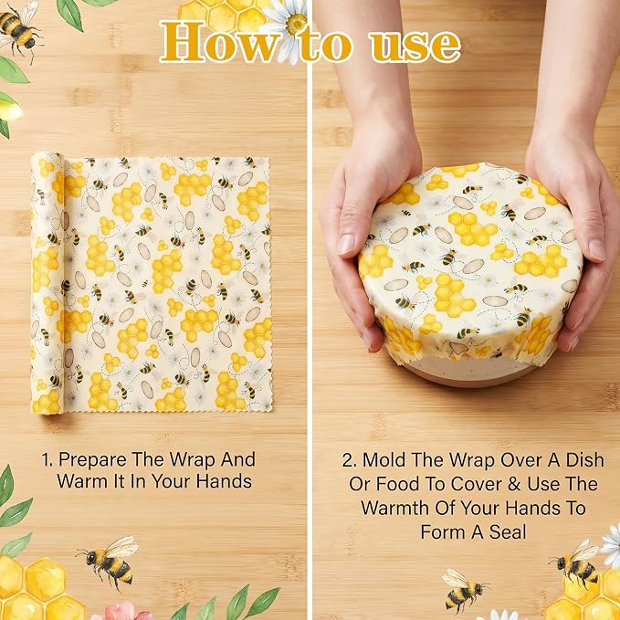 KFHESOMR 3 Pack Beeswax Wraps for Food, Reusable Food Wraps, Beeswax Wraps | Reusable Beeswax Wraps Roll , Organic Sustainable Beeswax Food Wraps, Cut-to-Size, for Bread, Sandwich, Cheese, Fruit, Snack