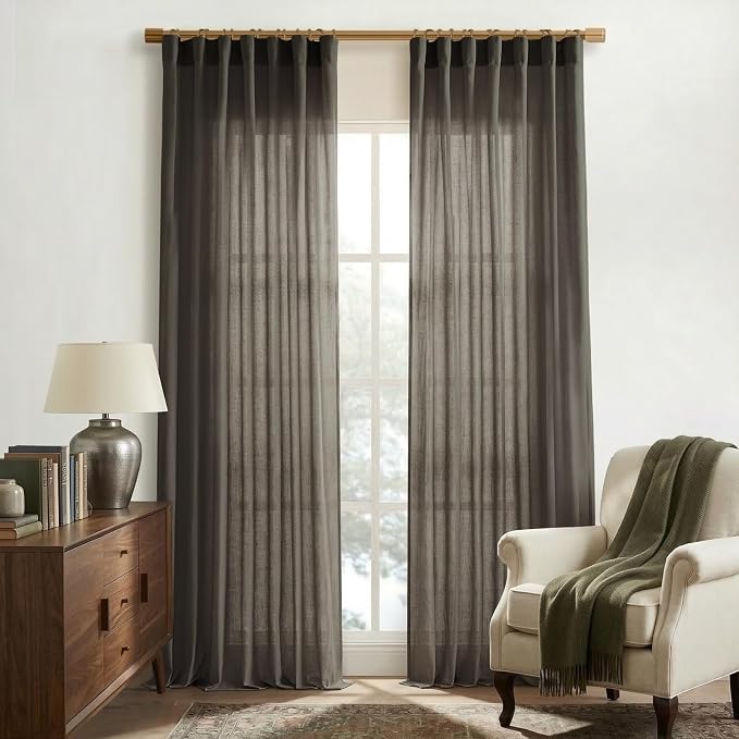 XTMYI Brown Linen Sheer Curtains for Living Room,Pleated Back Tab Light Filtering Curtain Drapes 90 Inches Long 2 Panels Set
