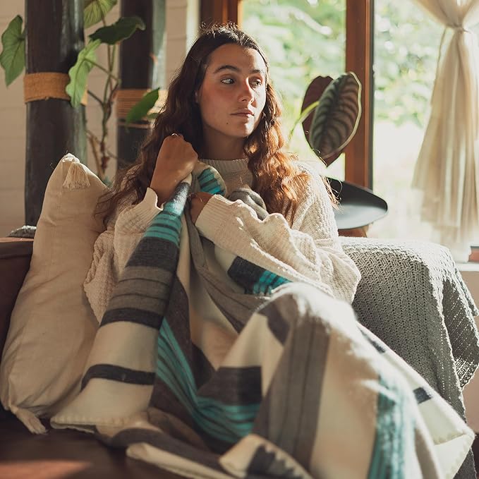 Alpaca Wool Throw Blanket | Ultra Soft, Lightweight, Warm, Breathable, Non-Itchy | Classic, Elegant-Minimalist Design for Bed, Couch, Travel, or Gift | 64" L x 45" W (Sea Tones)